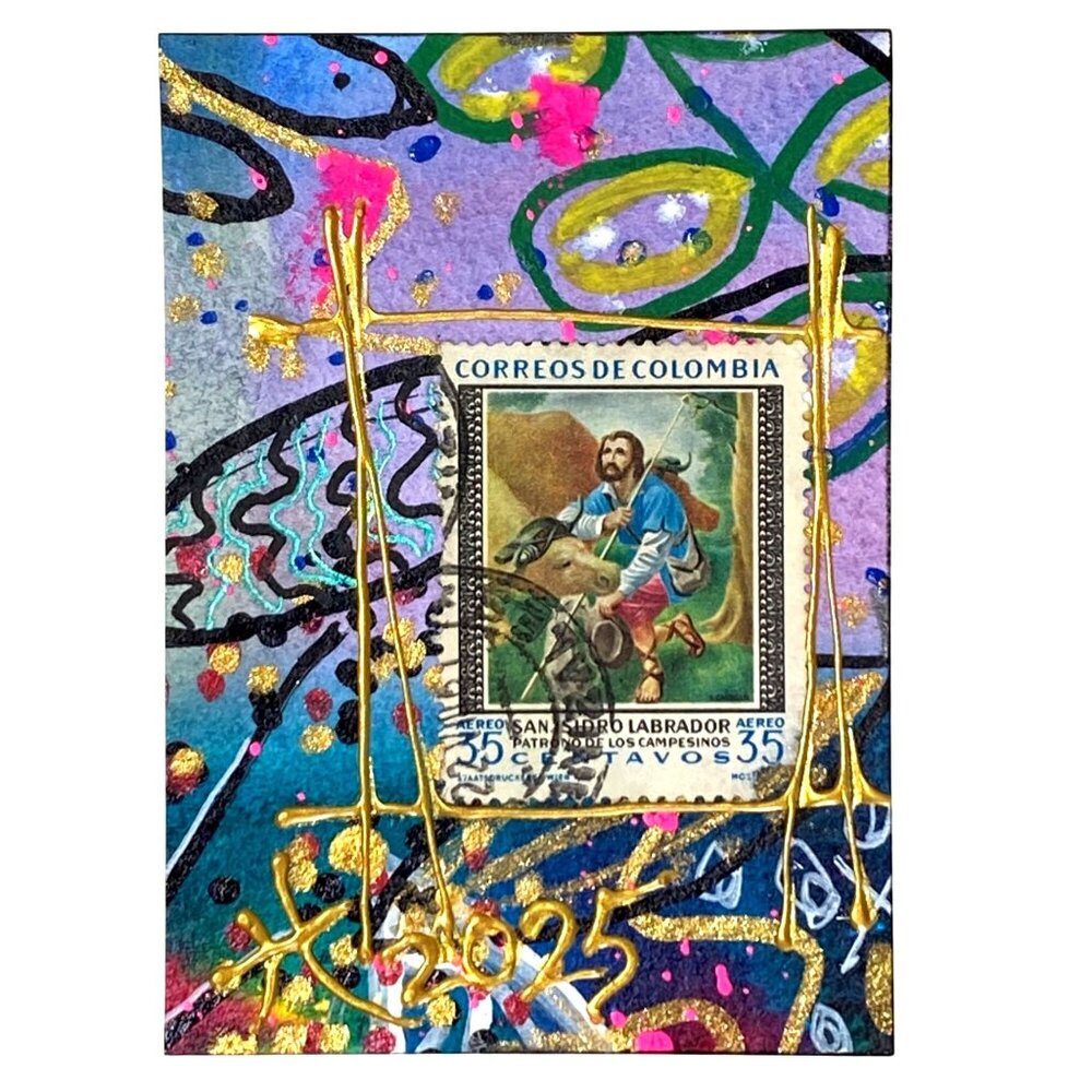 ACEO Original Art Acrylic Collage Mixed Media 3D 1949 Colombia Postage Stamp ATC